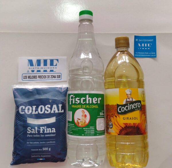 VINAGRE ALCOHOL + ACEITE COCINERO + SAL COLOSAL